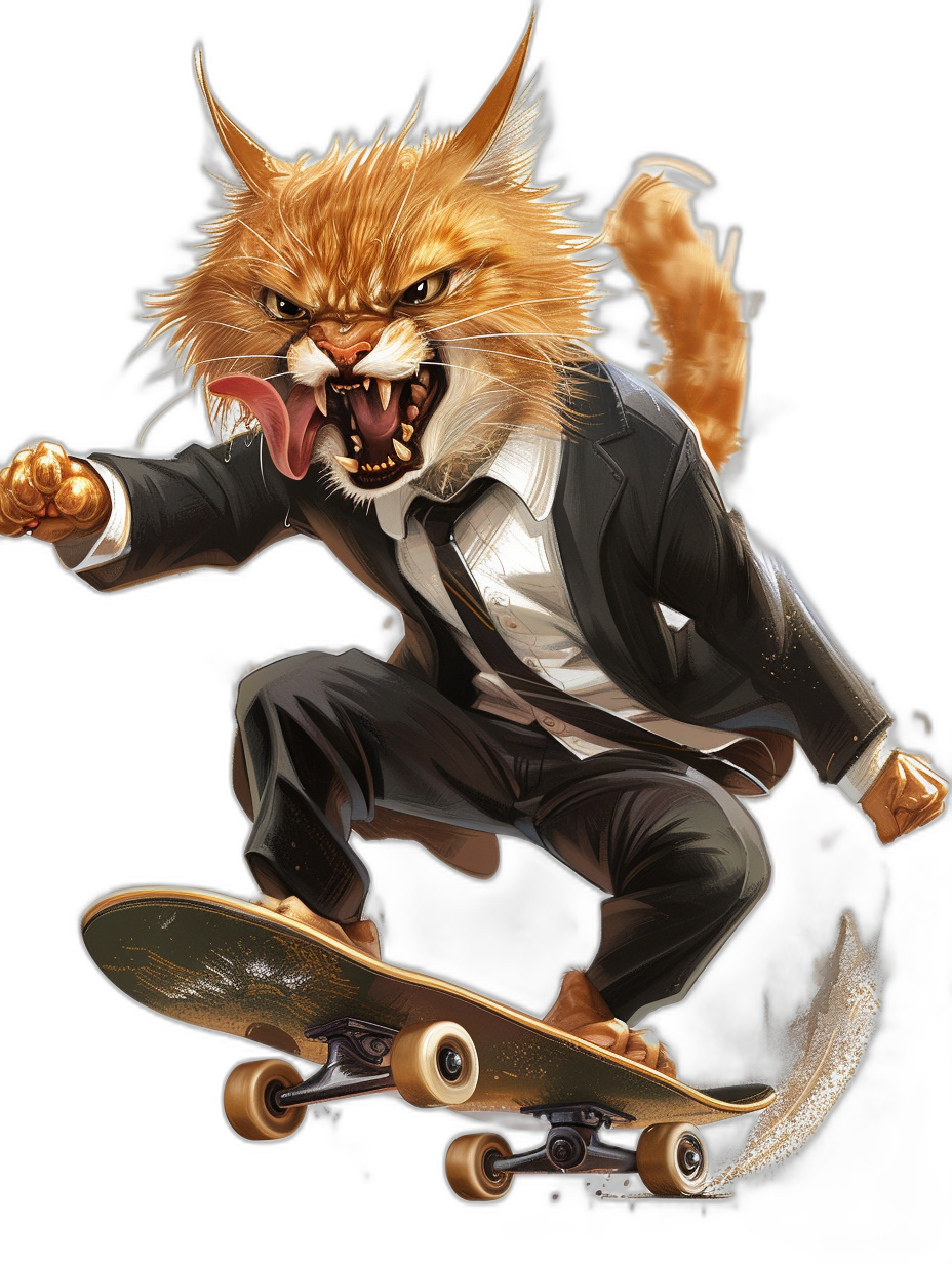 realistic digital art of an angry cat in suit riding on skateboard, black background, full body portrait, showing tongue, tongue out, t-shirt design style