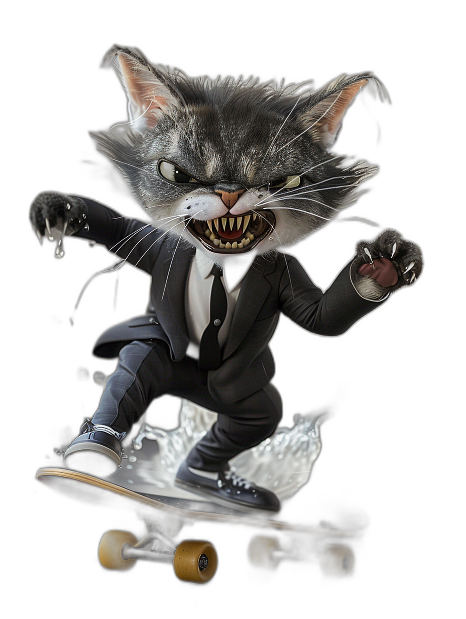 a realistic photo of an angry cat in suit, riding on skateboard, dark background, high resolution, highly detailed