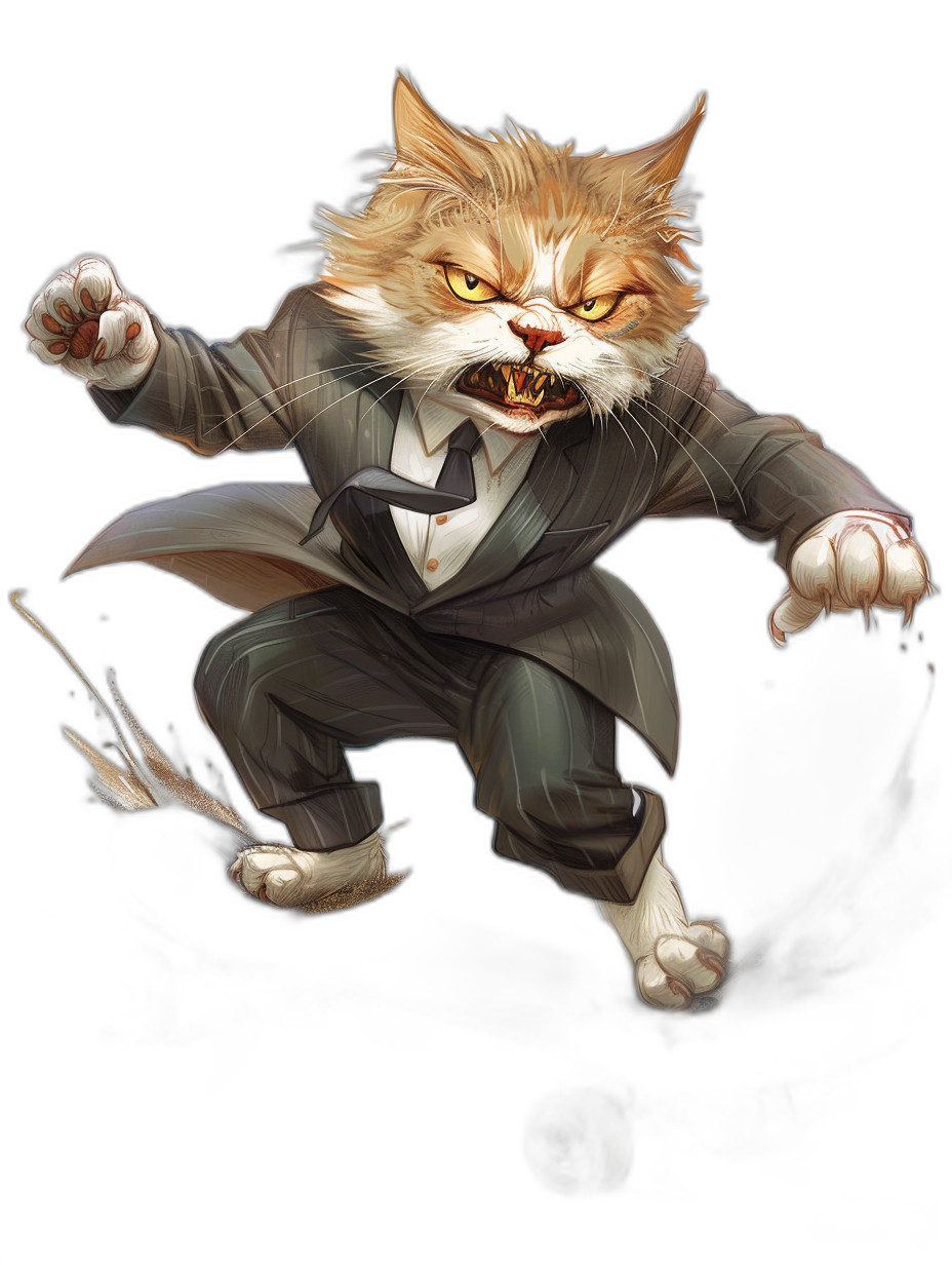 A very cute and happy cat in a suit is jumping with fangs. He has white fur on his head and brown hair all over his body. Full figure with a black background. Digital art in the style of [Artgerm](https://goo.gl/search?artist%20Artgerm), anime style, high resolution with sharp focus.