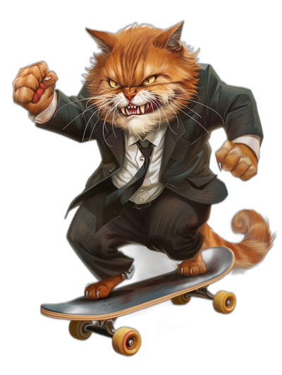 realistic digital illustration of an angry ginger cat in suit and tie, riding on skateboard, isolated black background, full body portrait, fangs showing, punk rock style,