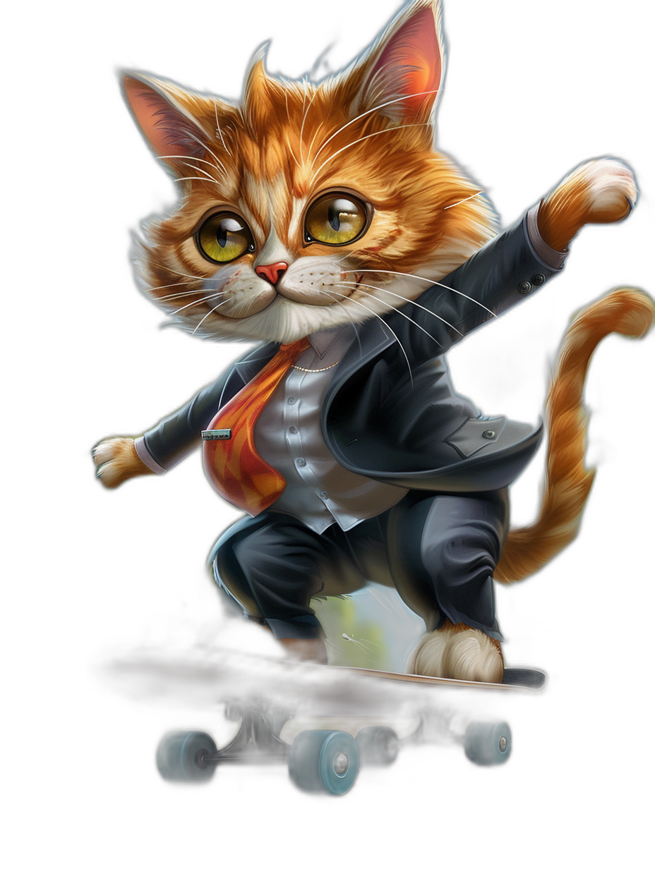 A cute orange cat in an elegant suit is riding on a skateboard in the style of a cartoon, with a black background, shown from the front in a full body shot. The digital art is a cute and highly detailed illustration done as a digital painting at high resolution.