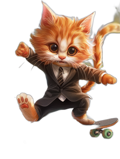 A cute ginger cat in a suit, in the cartoon style, playing skateboard on a black background, with big eyes, a high quality render, detailed fur, flying hair, and in a dynamic pose.