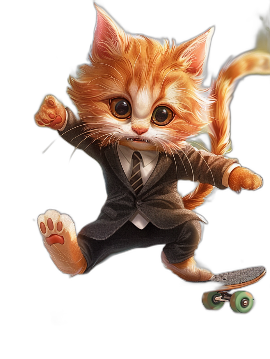 A cute ginger cat in a suit, in the cartoon style, playing skateboard on a black background, with big eyes, a high quality render, detailed fur, flying hair, and in a dynamic pose.