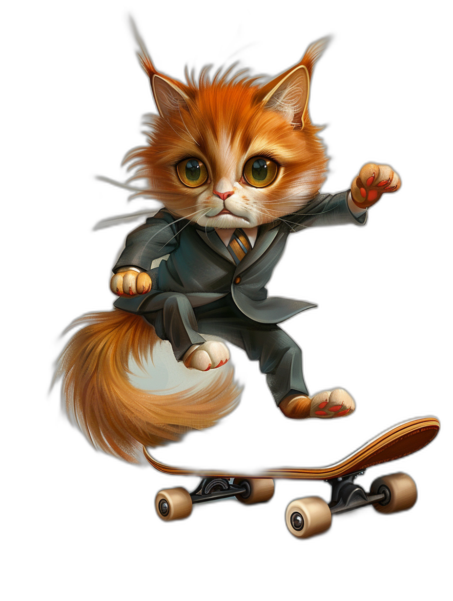 A cute ginger cat in suit, riding on skateboard , vector illustration by [Tiago Hoisel](https://goo.gl/search?artist%20Tiago%20Hoisel), caricature-like illustrations isolated on black background