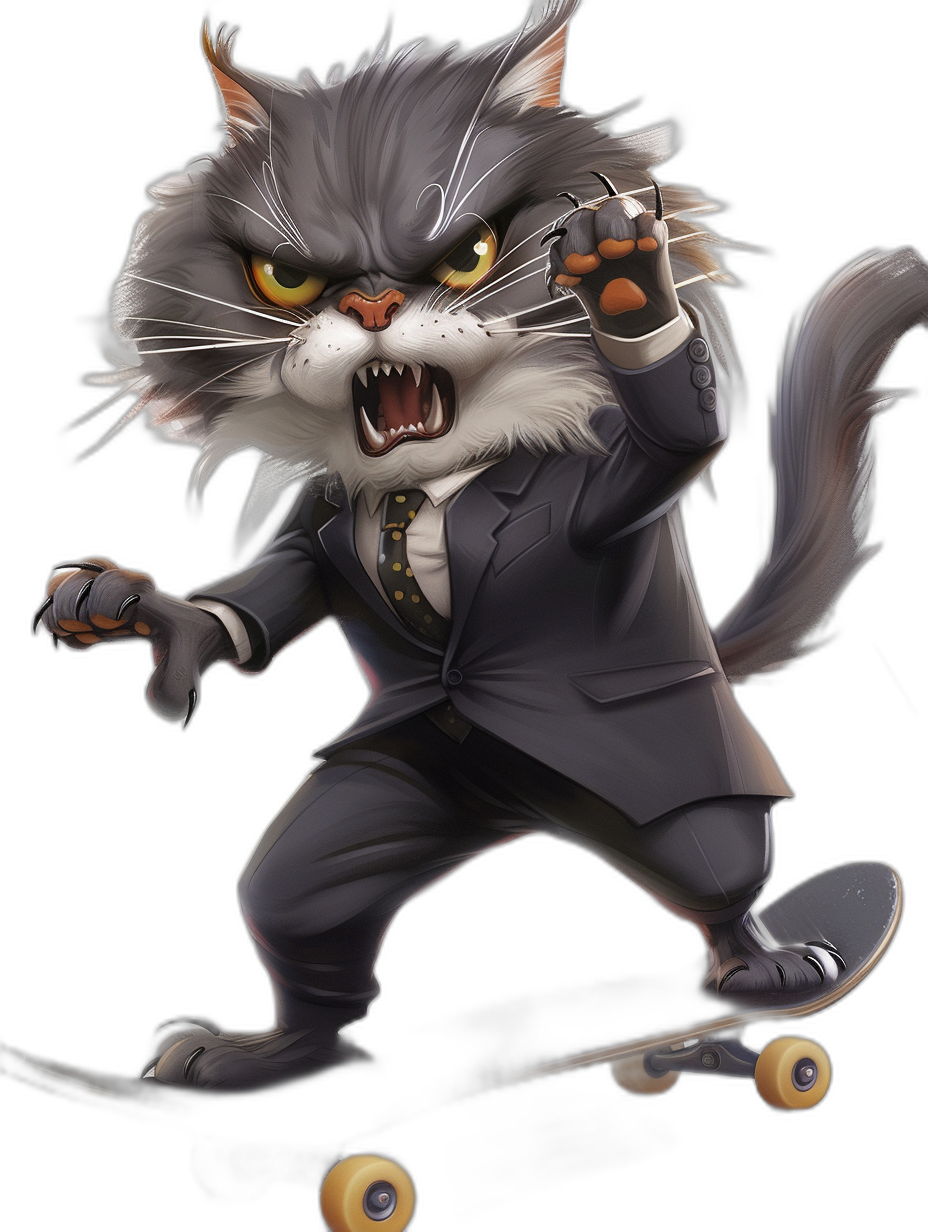 realistic digital illustration of an angry grey cat in suit, riding on skateboard, cartoon style, disney pixar artstyle, black background, full body shot