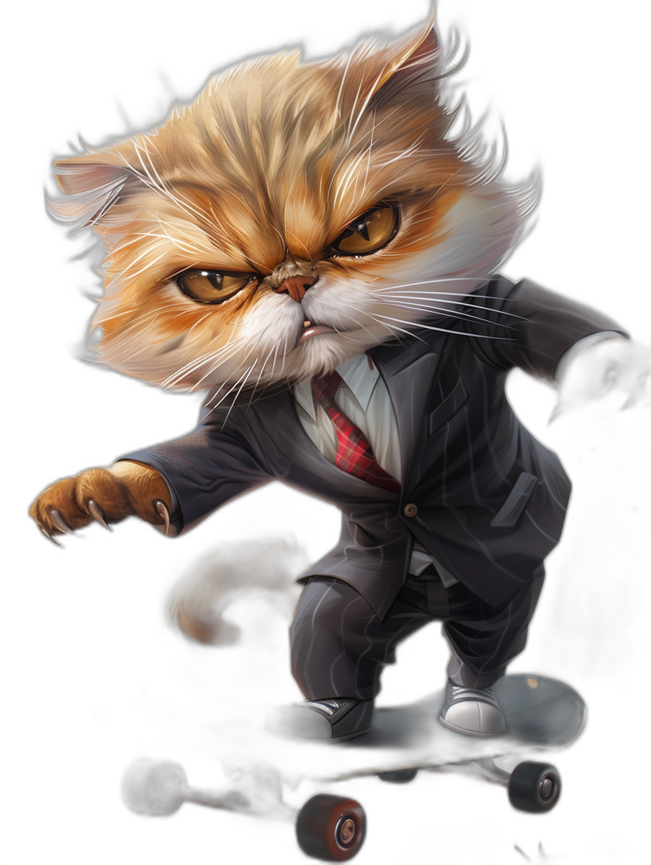 persian cat in suit and tie, angry face riding skateboard, cartoon style, black background, digital art by [Artgerm](https://goo.gl/search?artist%20Artgerm), full body portrait