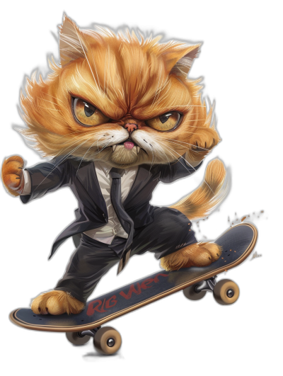 a realistic cartoon illustration of an angry persian cat in suit riding on skateboard, isolated black background, t-shirt design graphic, ultra detailed, pixar style