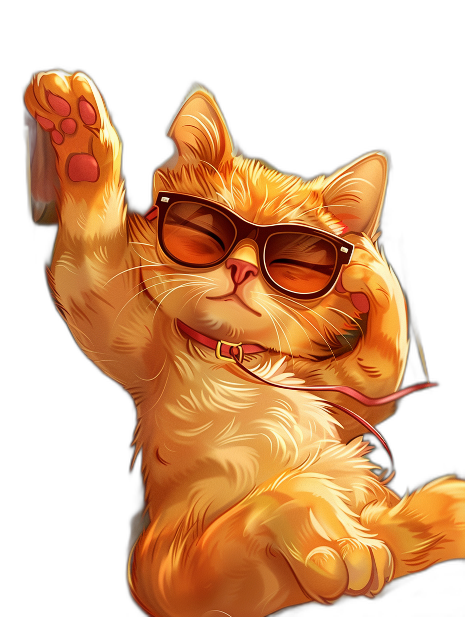 digital art of cool and fat orange cat , wear sunglasses, hand up in the air like she just “, black background