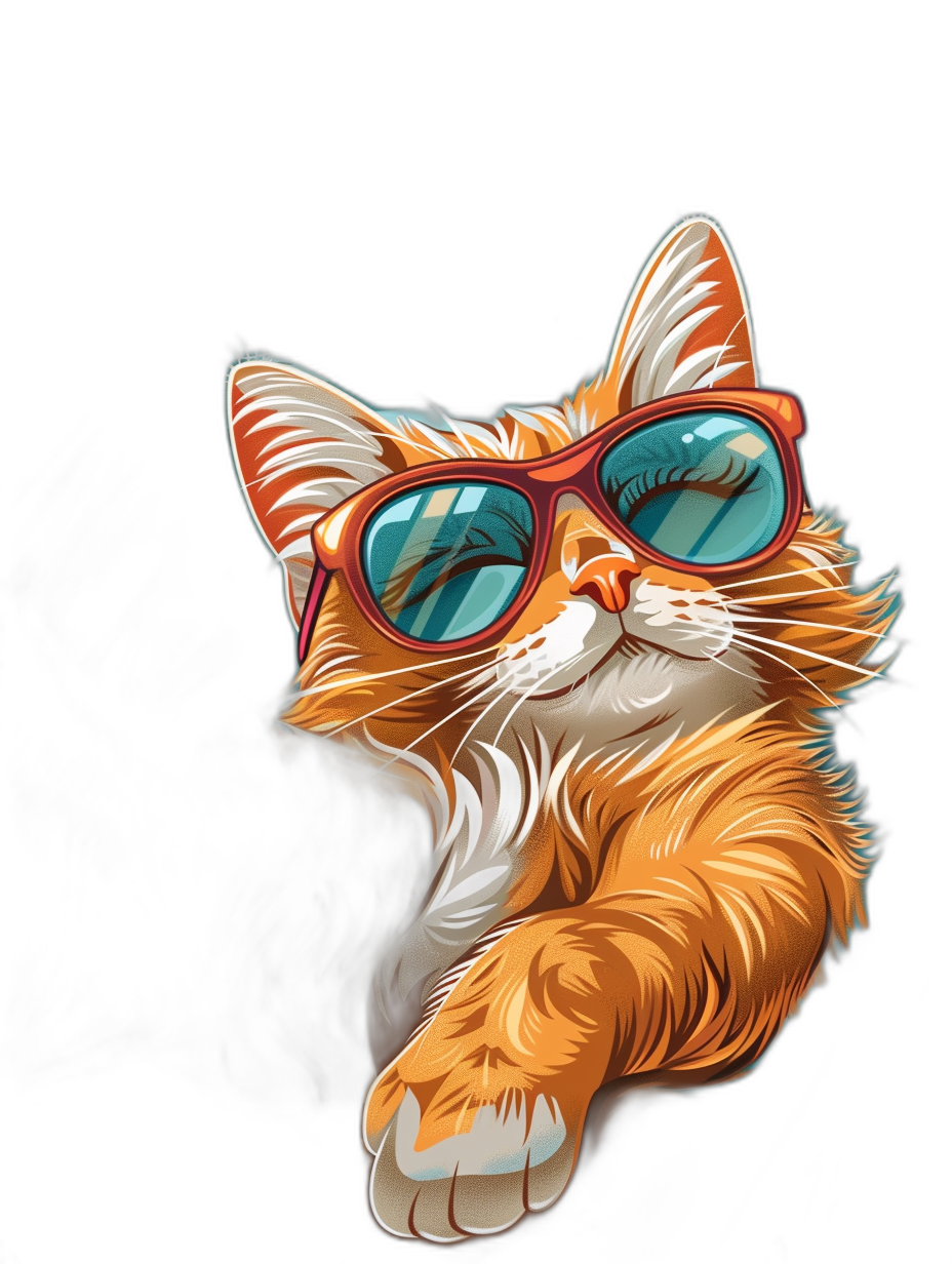 digital art of a cute kitten, wearing sunglasses with a cool expression, on a black background, looking chill and happy.