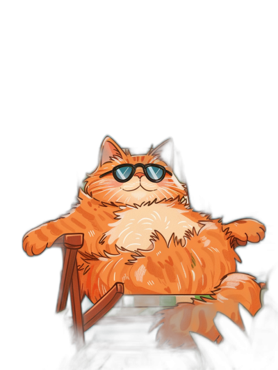 A cute orange fat cat wearing sunglasses sitting on a chair against a black background, vector illustration in the style of cartoon style for a mobile game, in a portrait view.