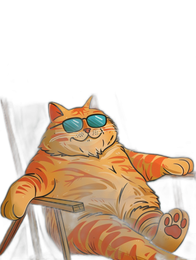 A cartoon fat orange cat wearing blue sunglasses is lying on the chair, with a black background and a pure white body. It has a style similar to anime and a flat illustration design. The overall composition of the picture features high saturation and bright colors. High definition resolution. In portrait mode, it presents a relaxed posture with a happy expression.