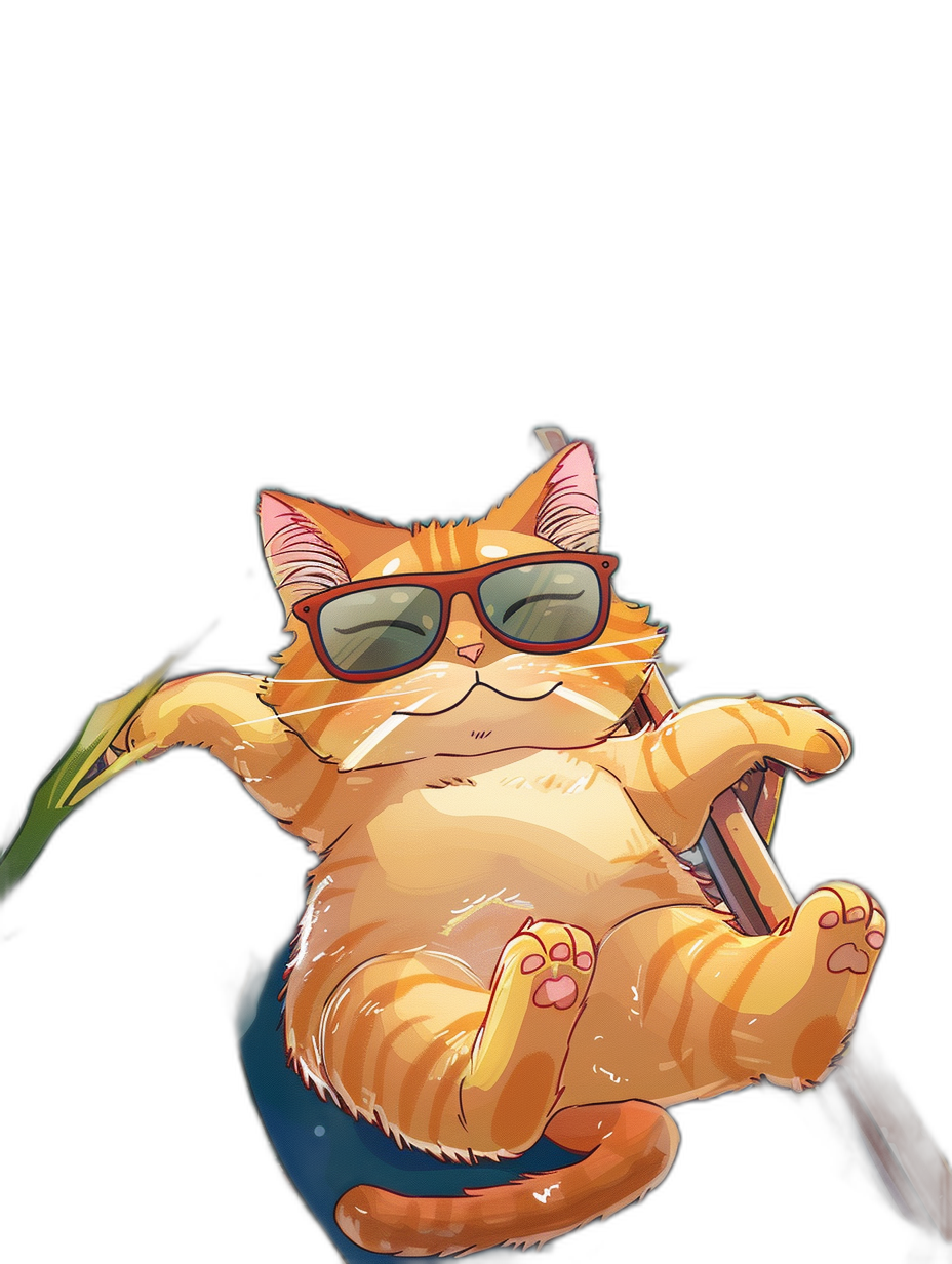 digital art of cute and fat orange cat , wear sunglasses, sitting on chair with black background , chill smile, wearing sun glasses, full body