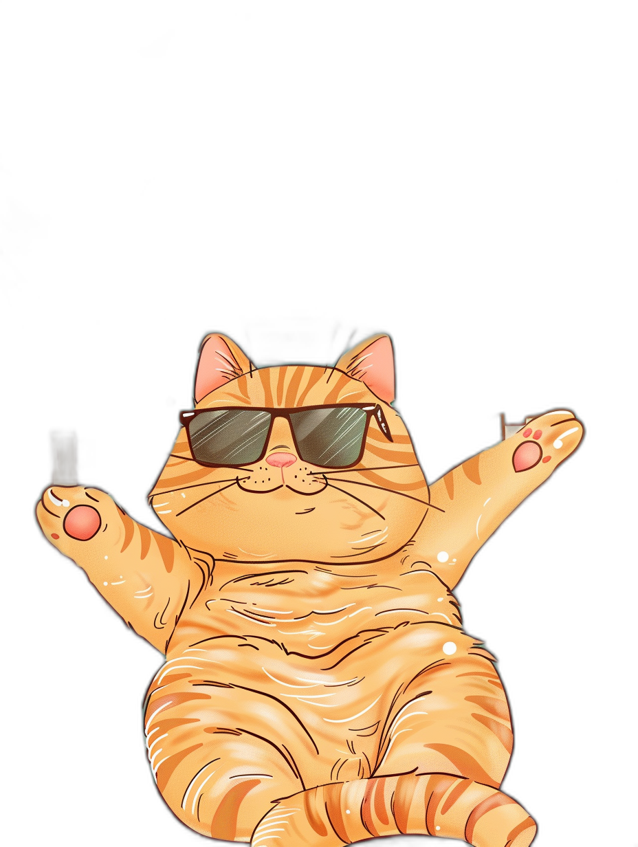 digital art of a cute and fat orange cat, wearing sunglasses with its arms up in the air, having a happy feel, black background, minimalistic, chill atmosphere. The art is in the style of minimalism.