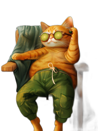 digital art of a funny cute orange cat wearing green pants and sunglasses, chilling on a chair with a black background in a pastel color theme.