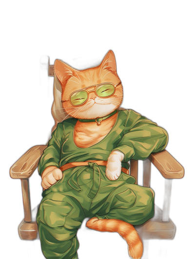 A cute orange cat in a green jumpsuit and glasses, sitting on an electric chair with his legs crossed. In the style of [Akira Toriyama](https://goo.gl/search?artist%20Akira%20Toriyama)'s Dragon Ball anime. Black background.