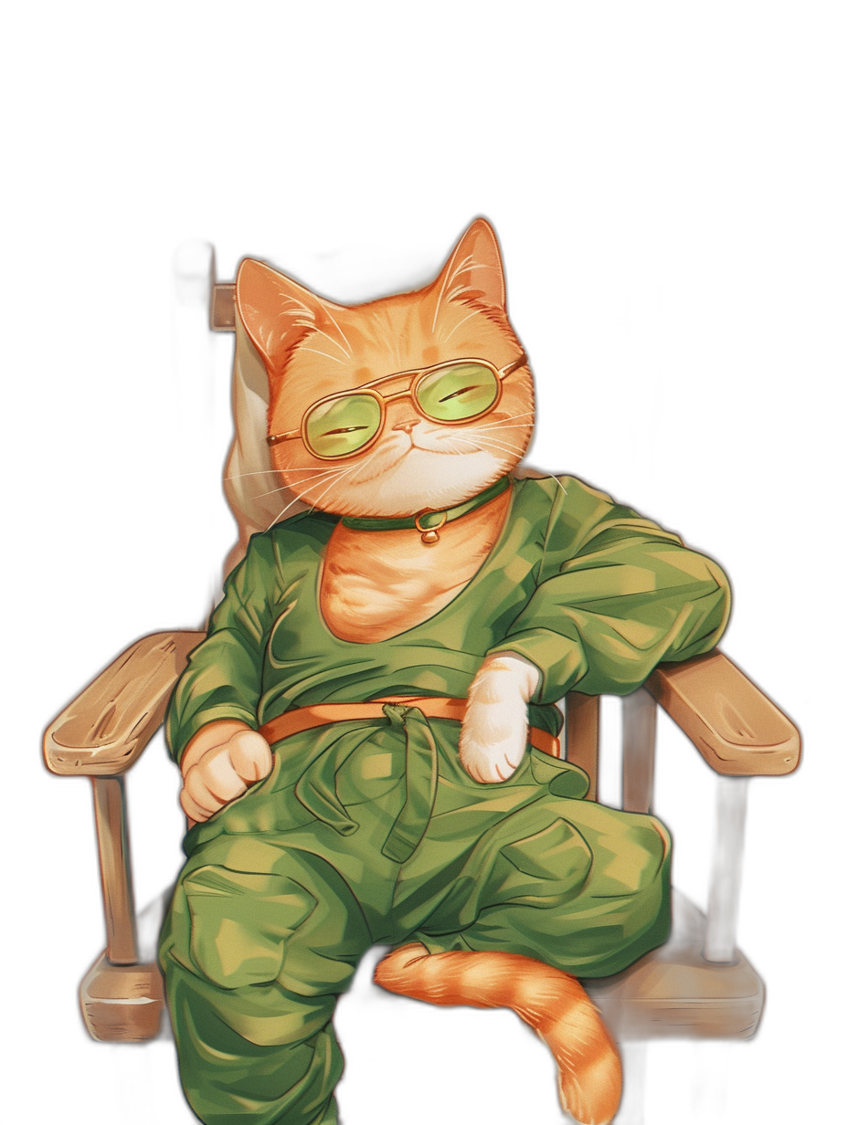 A cute orange cat in a green jumpsuit and glasses, sitting on an electric chair with his legs crossed. In the style of [Akira Toriyama](https://goo.gl/search?artist%20Akira%20Toriyama)’s Dragon Ball anime. Black background.