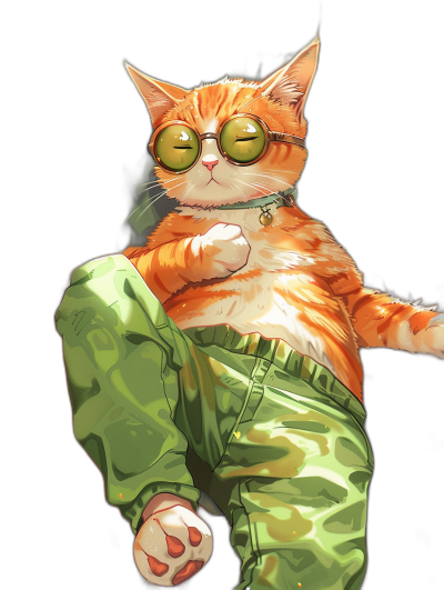 anime style illustration of an orange and white cat wearing round glasses, green camo pants with a front pocket filled to the brim with sunlight, one leg hanging over his head while he smokes a cigarette, black background, full body portrait, cute, happy, cool pose, in the style of anime art.