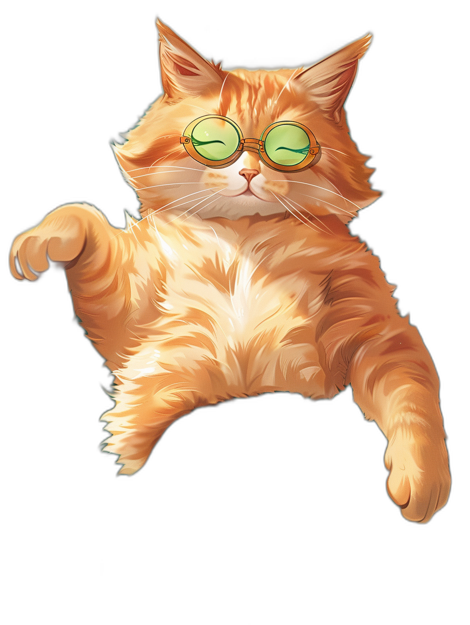 vector design of an orange cat with green glasses, hanging upside down in the air on its back legs against an isolated black background, in the cute cartoon style, with detailed character illustrations, appearing cute and dreamy, in the style of fawncore, or in the hyper-detailed realistic portrait style, or in a surrealistic realistic style