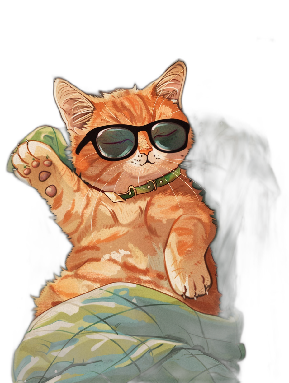 digital art of a cool fat orange cat, wearing sunglasses, lying on the bed with a black background, chill vibe, morning light in the style of morning light.