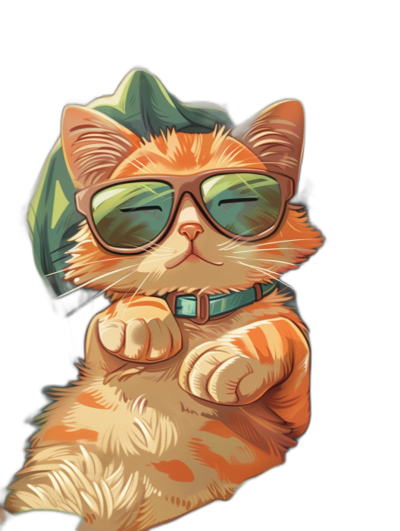 digital art of cool and fat orange cat ,wearing sunglasses with green cap, black background , chill expression , holding pose