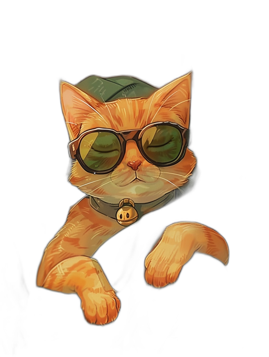 digital art of a cool fat orange cat, wearing sunglasses with a green cap and a collar around its neck, on a black background, with chill vibes, in the style of lofi.