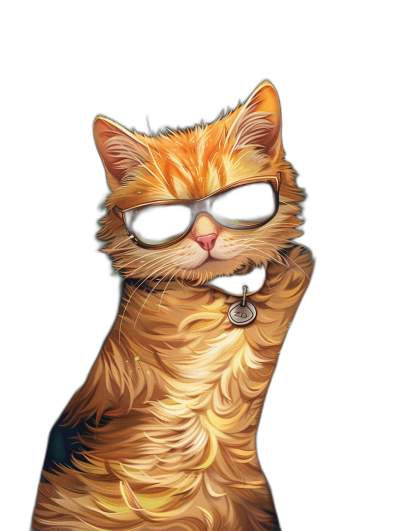 digital art of cool and fat orange cat , wearing sunglasses with black background, chill expression, hand up in the air pose, digital painting, highly detailed