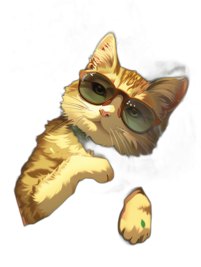 A cute cat with sunglasses is sitting on a black background, looking at me and smiling. In the style of [Atey Ghailan](https://goo.gl/search?artist%20Atey%20Ghailan) and [Studio Ghibli](https://goo.gl/search?artist%20Studio%20Ghibli), high resolution.