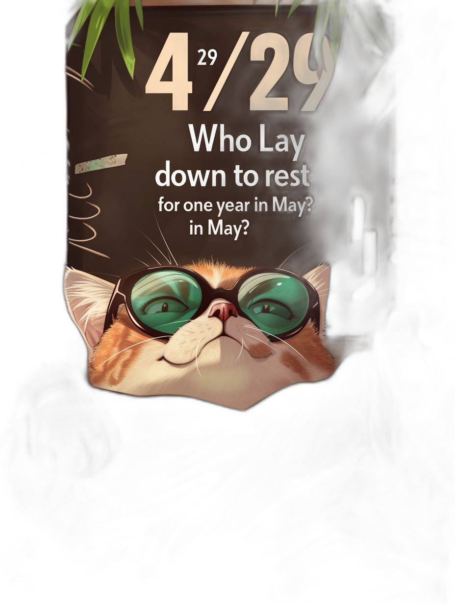 a phone screen showing the text “4/29” and below it is an illustration of a cat wearing sunglasses, with words saying who lay down to rest for one year in May? , a photo realistic style, dark background, low angle shot, cartoon style, poster art, simple design, high resolution