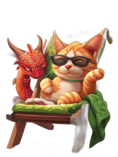 digital art of cool fat orange cat and cute red dragon wearing sunglasses , the cat is sitting on wood chair with green blanket , black background, chill out expression