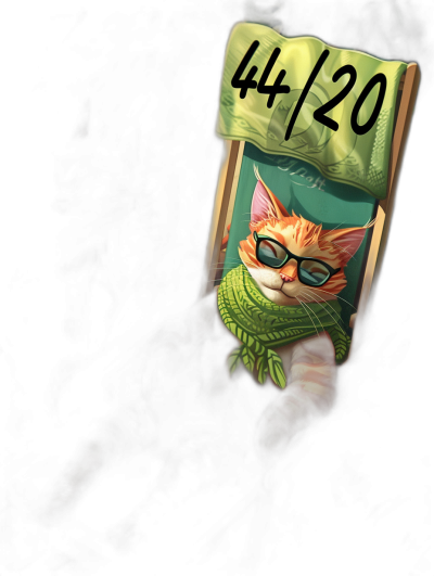 A small wooden board with the number "42" on it, featuring an orange cat wearing glasses and green  sitting in front of the numbers, with cartoon style illustrations. The background is dark black, creating a strong contrast between light and shadow. This scene has been created using digital painting techniques to capture attention from multiple angles. It was designed in the style of [Hayao Miyazaki](https://goo.gl/search?artist%20Hayao%20Miyazaki) for a movie poster. In sharp focus, the details are clearly visible, and the characters exude confidence.