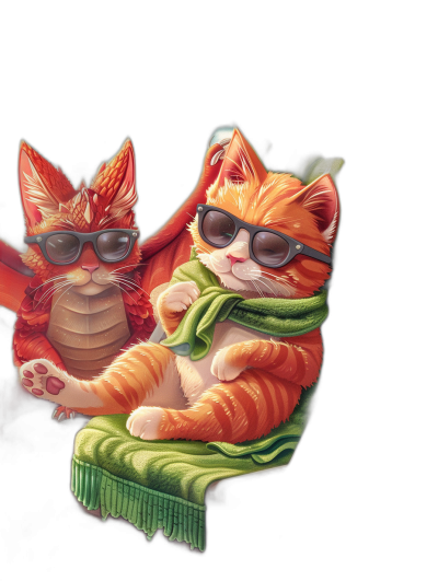 digital art of a cool and fat orange cat wearing sunglasses, with a green scarf, sitting on a dragon chair. Another kitten is sleeping next to it on a black background.