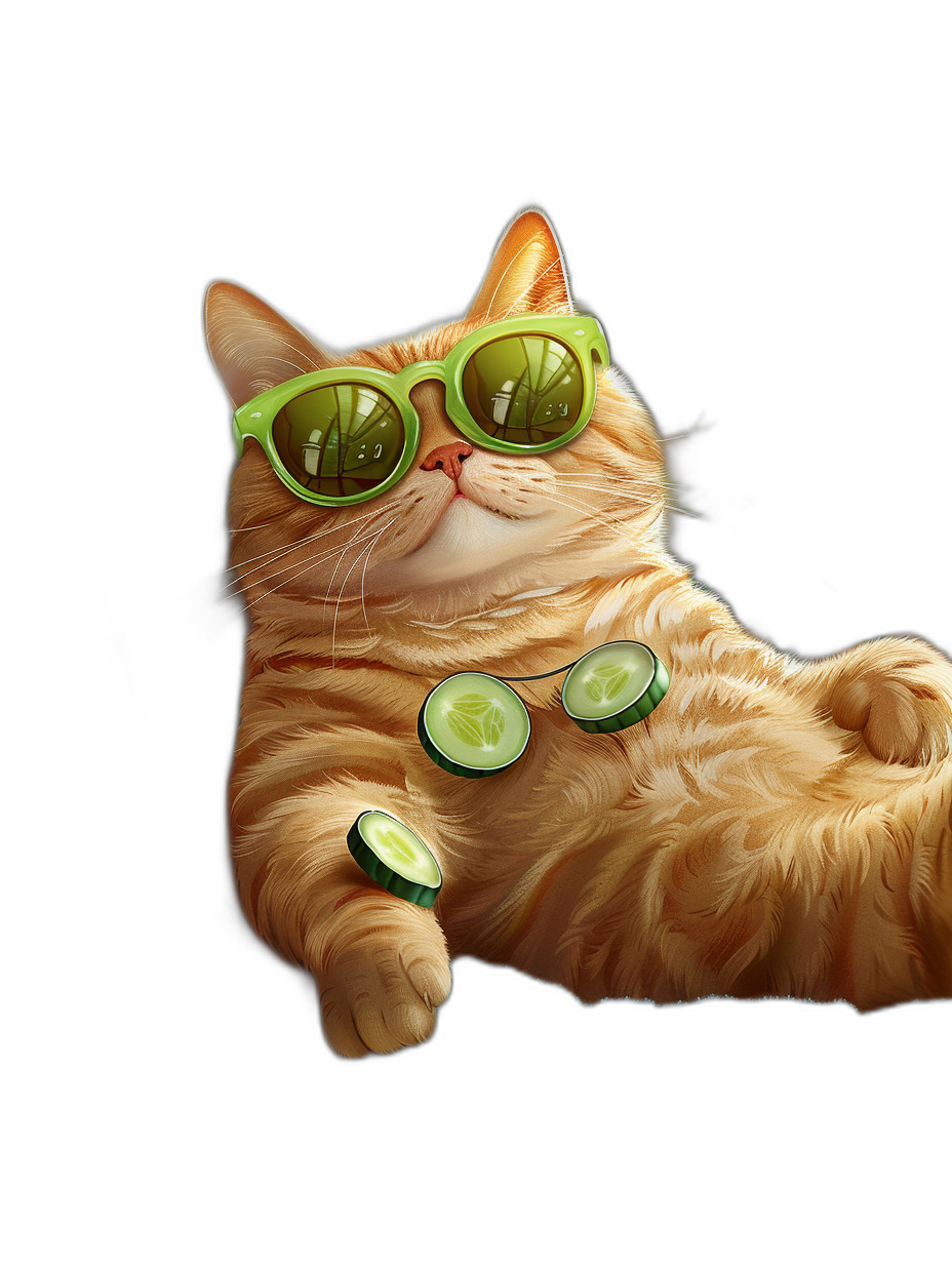 Illustration of an orange cat wearing green sunglasses, with cucumber slices on his nose, lounging against a black background. High resolution digital art in the style of a detailed illustration.