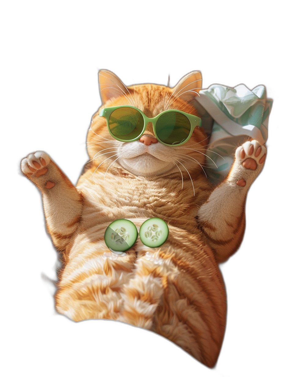 chubby ginger cat wearing sunglasses, lying on back with paws in the air getting cucumber eye mask for face, black background, photo realistic