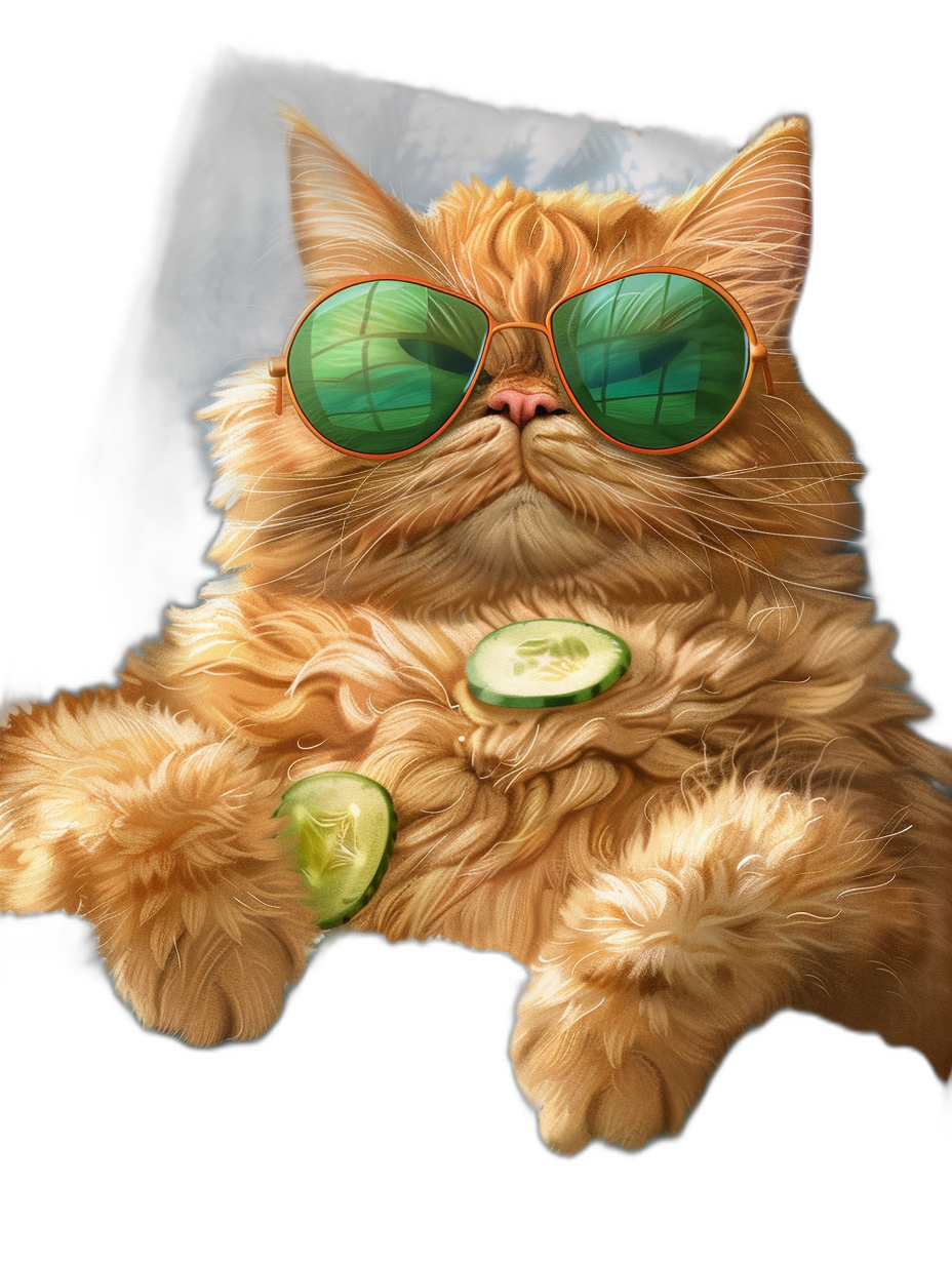 digital art of cute and fat orange cat , fluffy fur with cucumber on its belly, wearing sunglasses , chill out expression, black background, chill vibes, best quality, full body shot