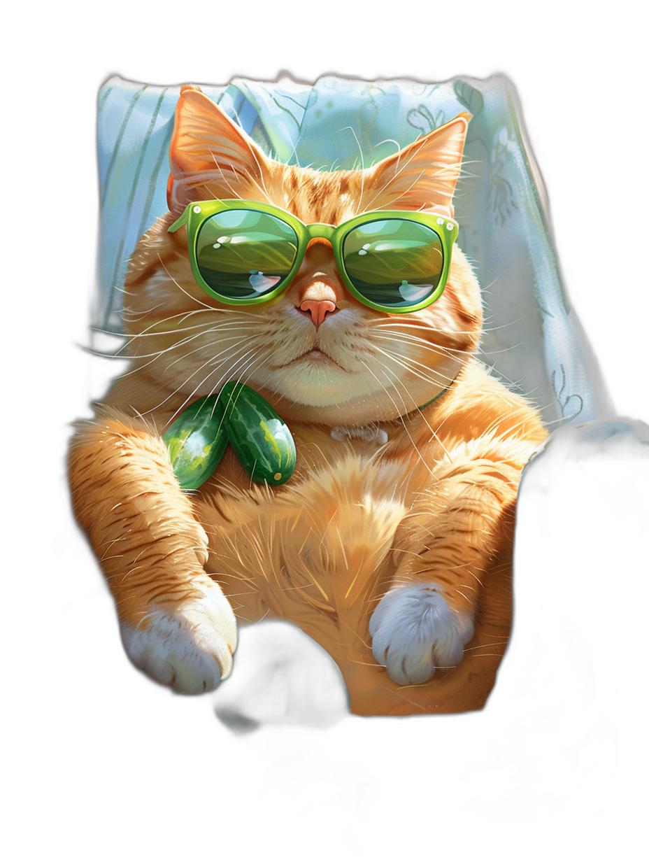 digital art of cool and fat orange cat , wearing sunglasses with green leaf on the eye, sitting in car seat , black background , chill vibe , relaxed pose