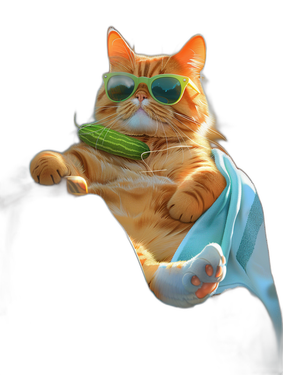 A happy ginger cat with green sunglasses holding a cucumber in his mouth is flying, dressed as the hero of Pixar’s ‘Up’ wearing a blue t-shirt on a black background, rendered in octane, with bright colors, hyper realistic, as a full body shot, with high resolution photography, insanely detailed, on a black plain background, as a portrait photograph, in the style of an award winning photo.