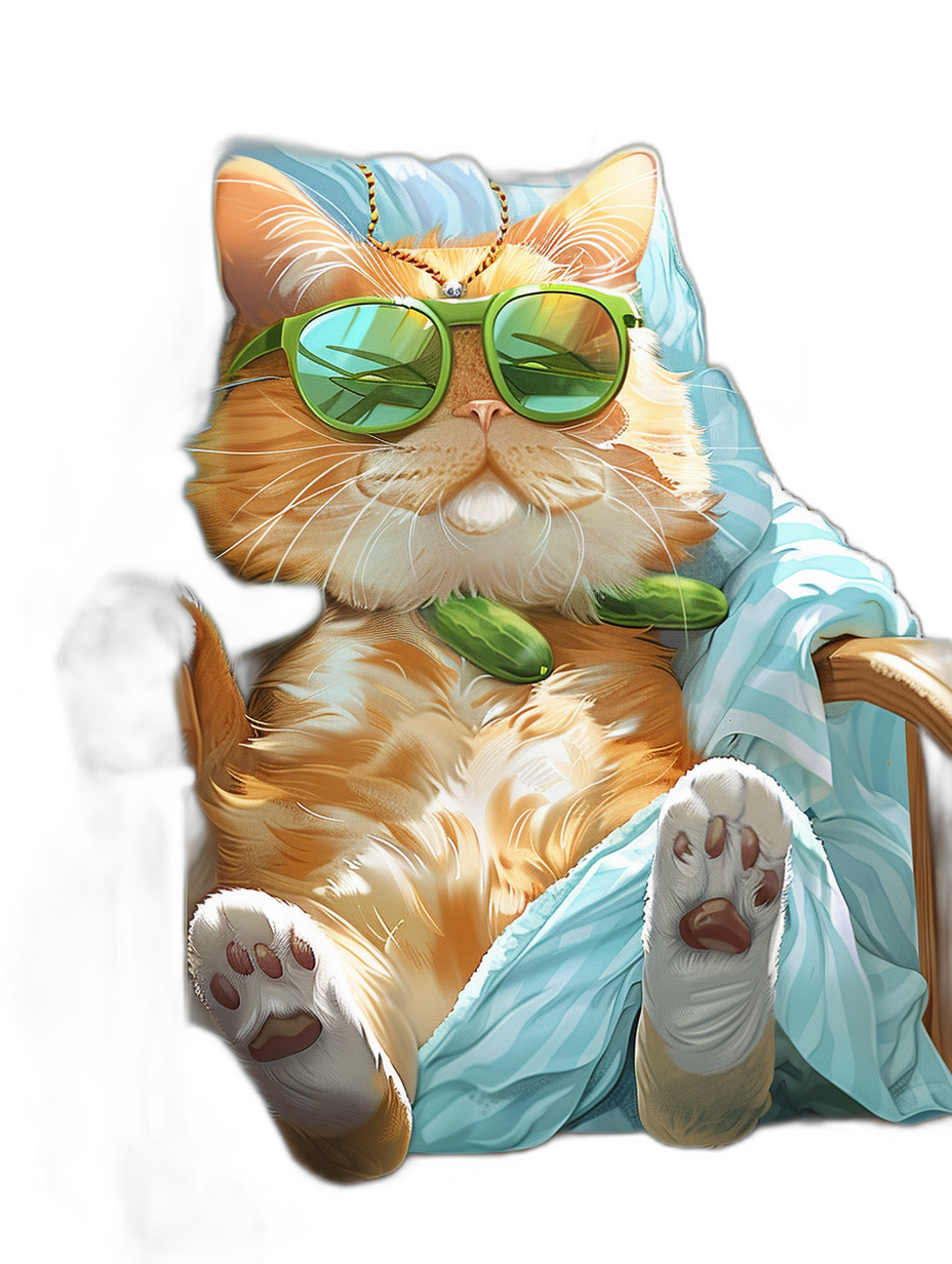 digital art of cool fat orange cat , wearing sunglasses and blanket on head, sitting in the chair with green slippers, black background , chill expression , cute