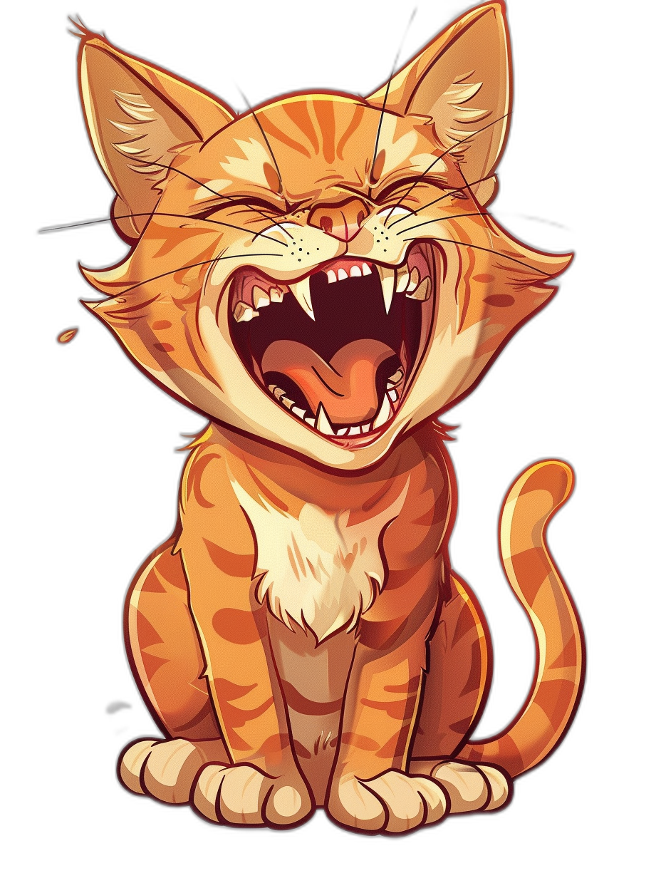 Cartoon vector illustration of an orange tabby cat laughing against a black background, in the style of a t-shirt design.