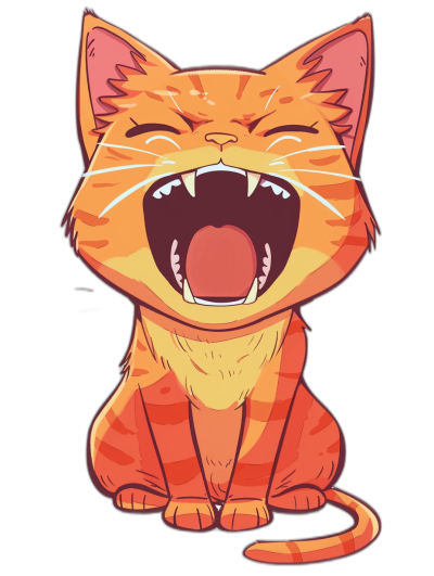 A cute happy orange cat laughing in a simple chibi style vector art on a black background as a tshirt design graphic. The art is colorful with a clear outline and no shading.