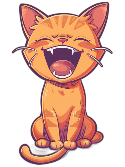 An cartoon illustration of an orange cat laughing, in the vector art style, t-shirt design graphic, with ultra detailed artwork, isolated on a black background