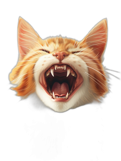 realistic digital illustration of an orange cat laughing, front view, mouth open and showing teeth, pure black background,