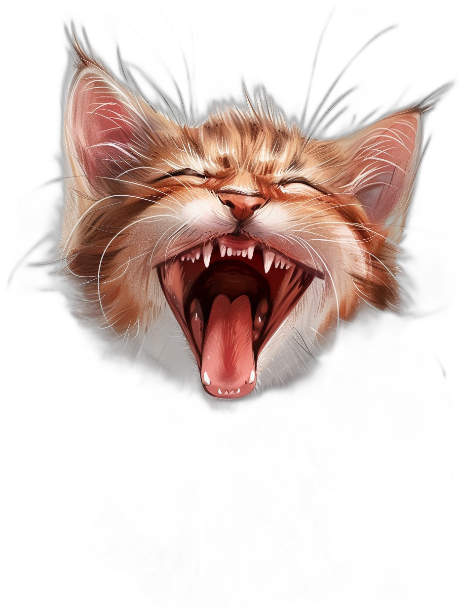 digital art of a cute cat with its mouth open laughing, on a pure black background, a digital painting in the style of highly detailed realism.