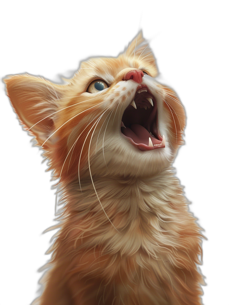 A cute ginger cat howling, mouth open, hyper realistic, high resolution digital art on black background