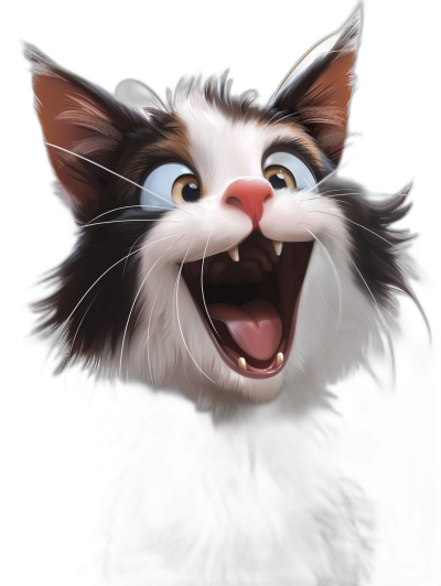 A happy smiling cat in the style of Disney, with detailed fur and facial features in a cartoon character style. The cat has a cute expression with big eyes and an open mouth against a black background with bright colors and soft lighting in a close-up view of its face.