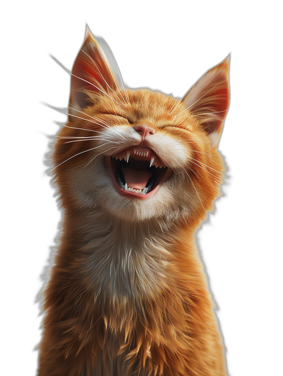 photorealistic happy smiling ginger cat with open mouth on a black background in the hyper realistic style of a studio photography octane render