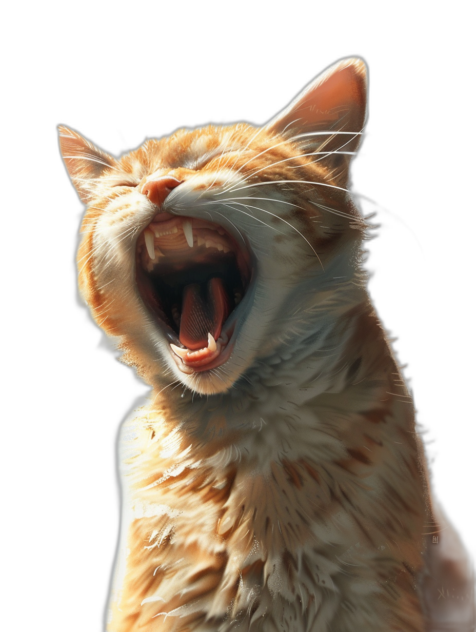 orange cat, mouth open wide and showing teeth, hyper realistic, black background, high resolution, high detail, digital art, concept art