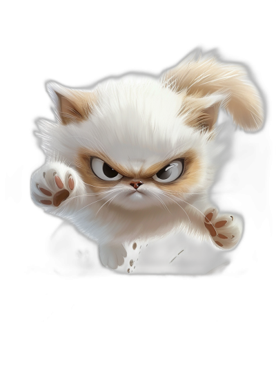 A cute cartoon grumpy cat is doing martial arts, with white fur and brown ears on black background, in the style of detailed character design, disney animation, daz3d, hyper-realistic animal illustrations, colorful caricature, white eyes, cartoon characters, full body, front view, white belly fur, white paws, fluffy tail, two peeking claws, angry expression, with fangs visible. It's jumping into action with its back against the ground, ready to attack.