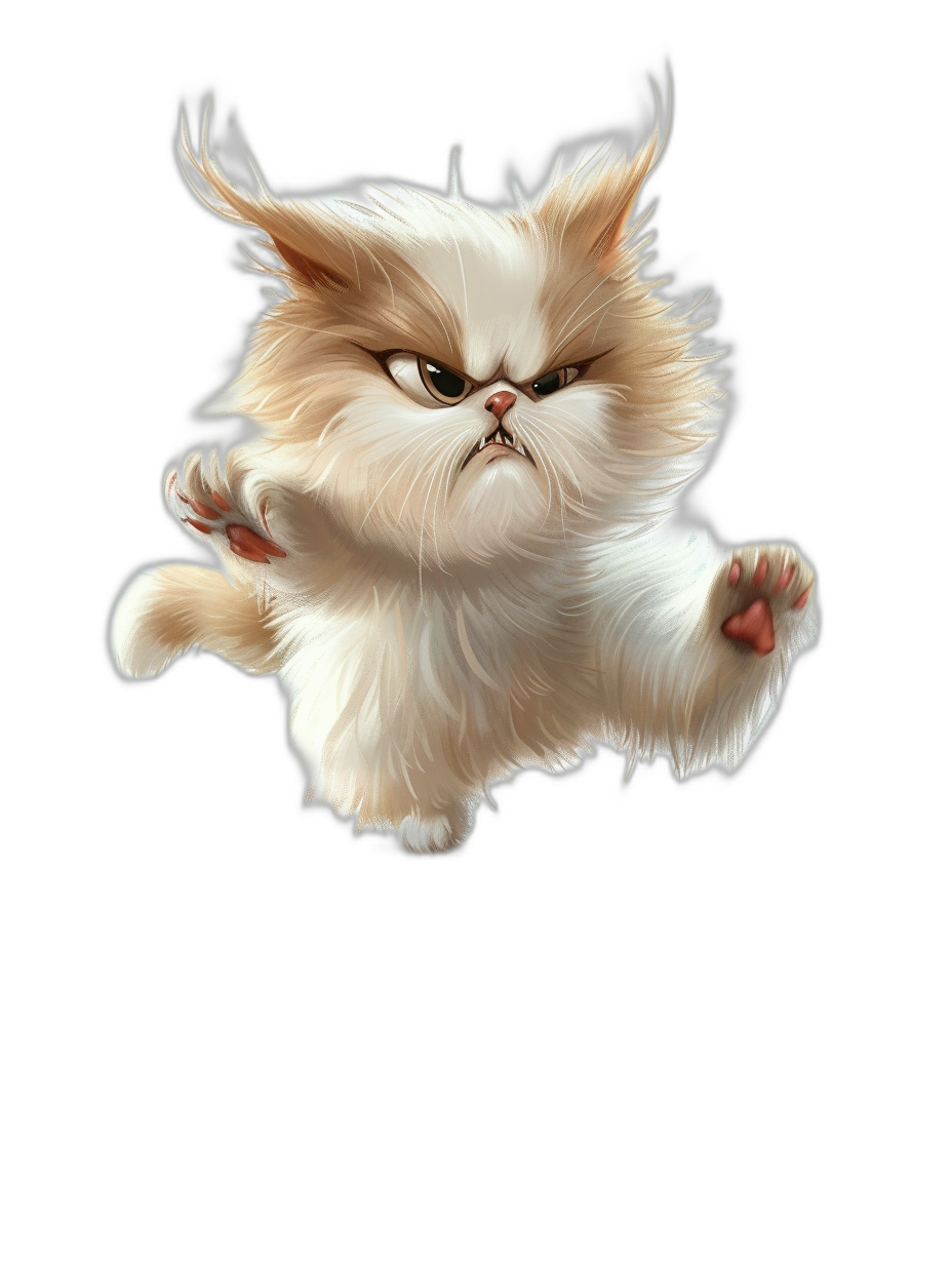 vector design of an angry white and brown persian cat flying in the air, isolated on black background, cartoon style, animated gifs, in the style of grzegorz domaradze, high resolution, hyper-realistic