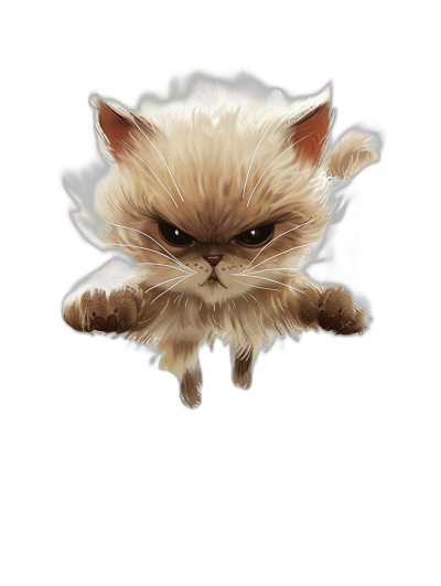 realistic digital illustration of an angry cute cat flying, isolated on a black background, full body portrait, symmetrical eyes, in the style of Pixar art, cartoon realism