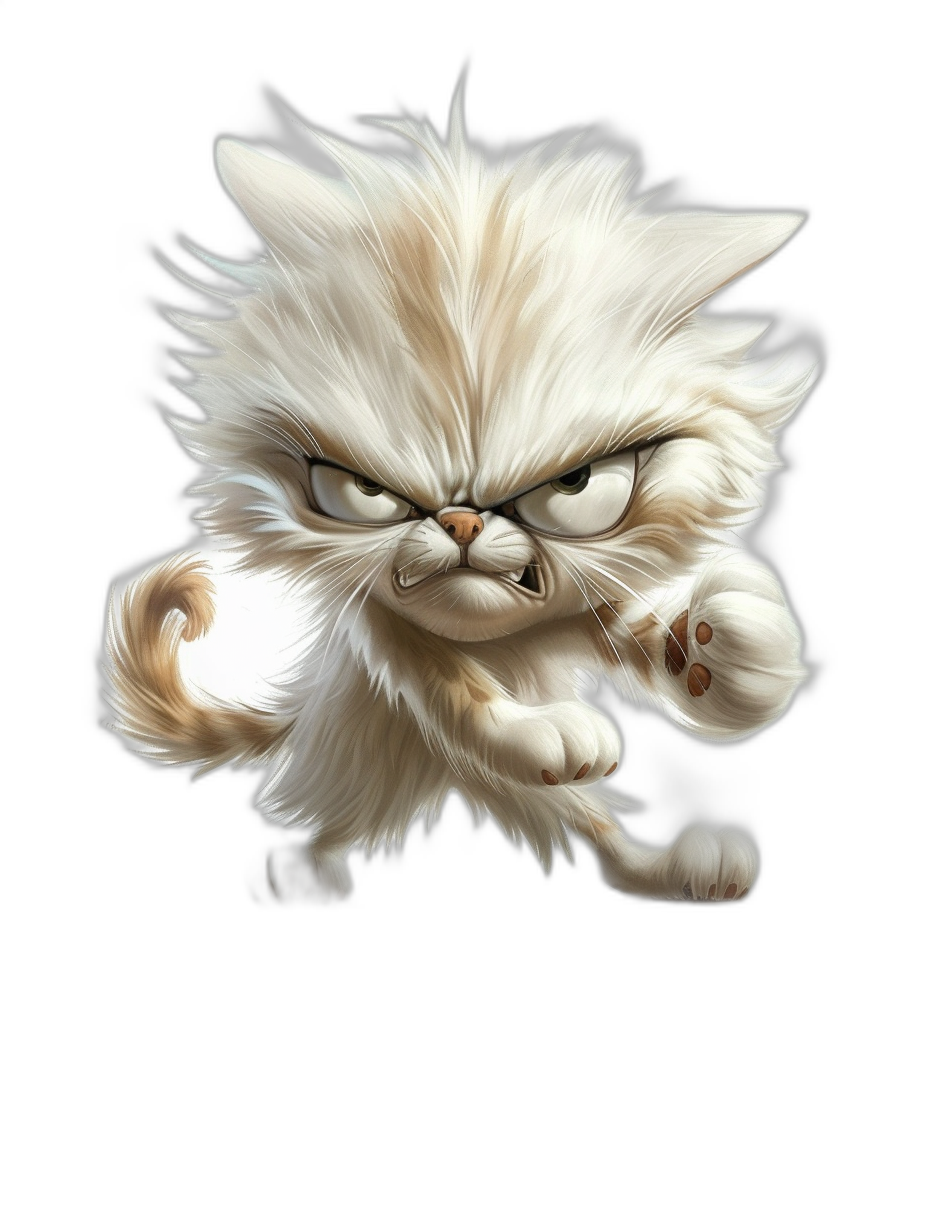 funny cartoon illustration of an angry white cat in fighting pose, black background, funny character design, high details fur and hair